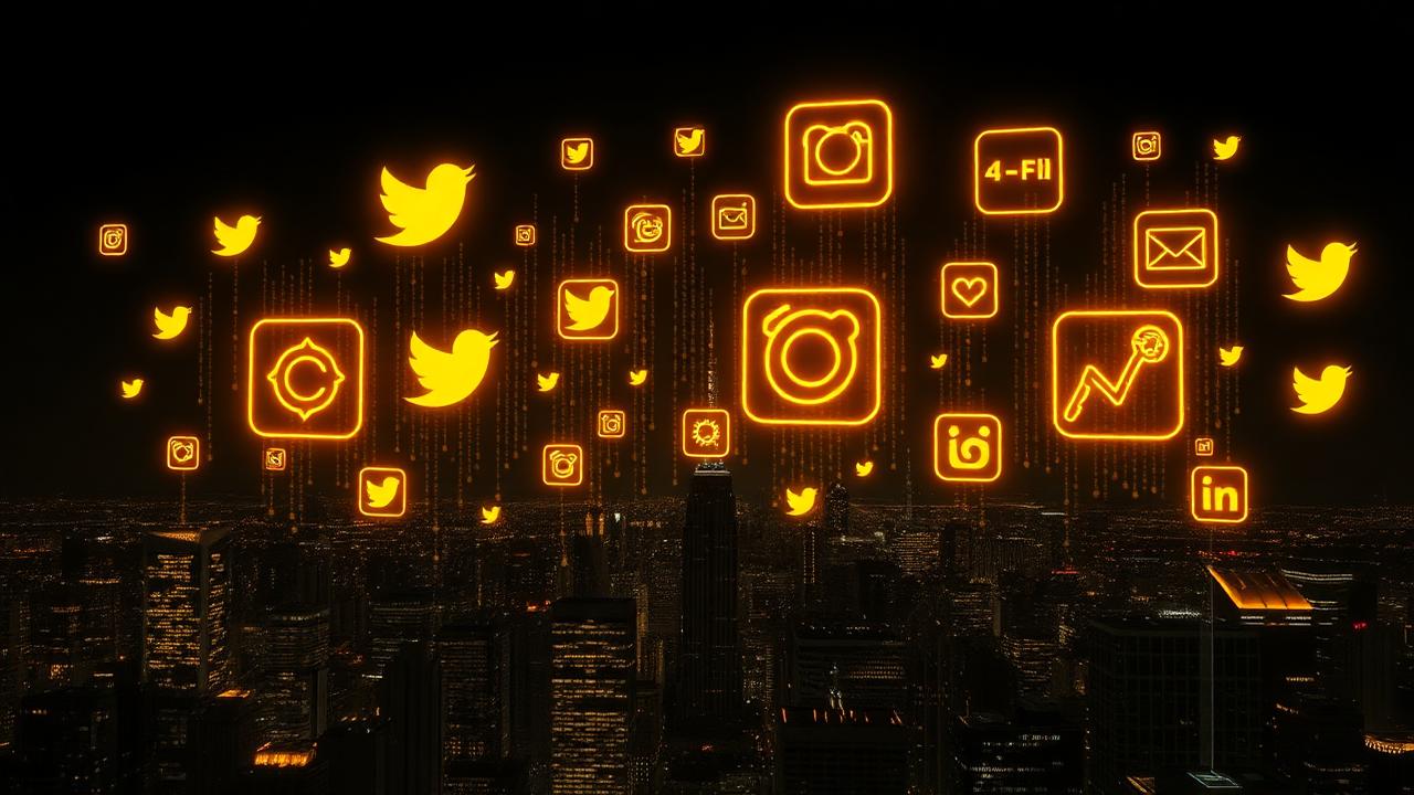 Social icons dissolving into code above a city