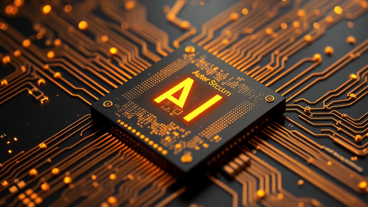 Glowing AI microchip on a gold circuit board