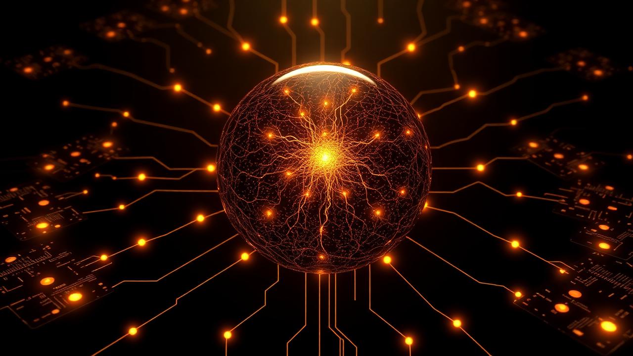 Glowing neural sphere connected to data panels