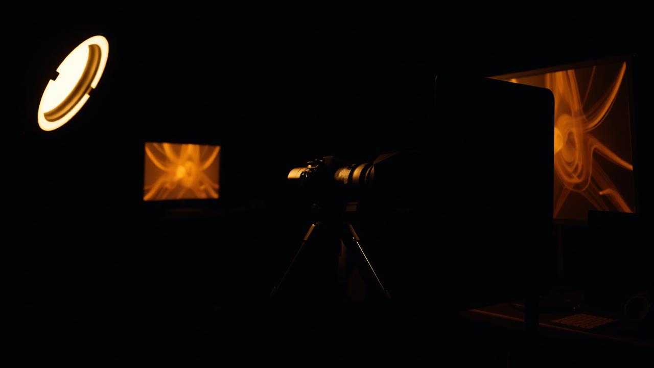 Dark content studio with camera and gold lighting