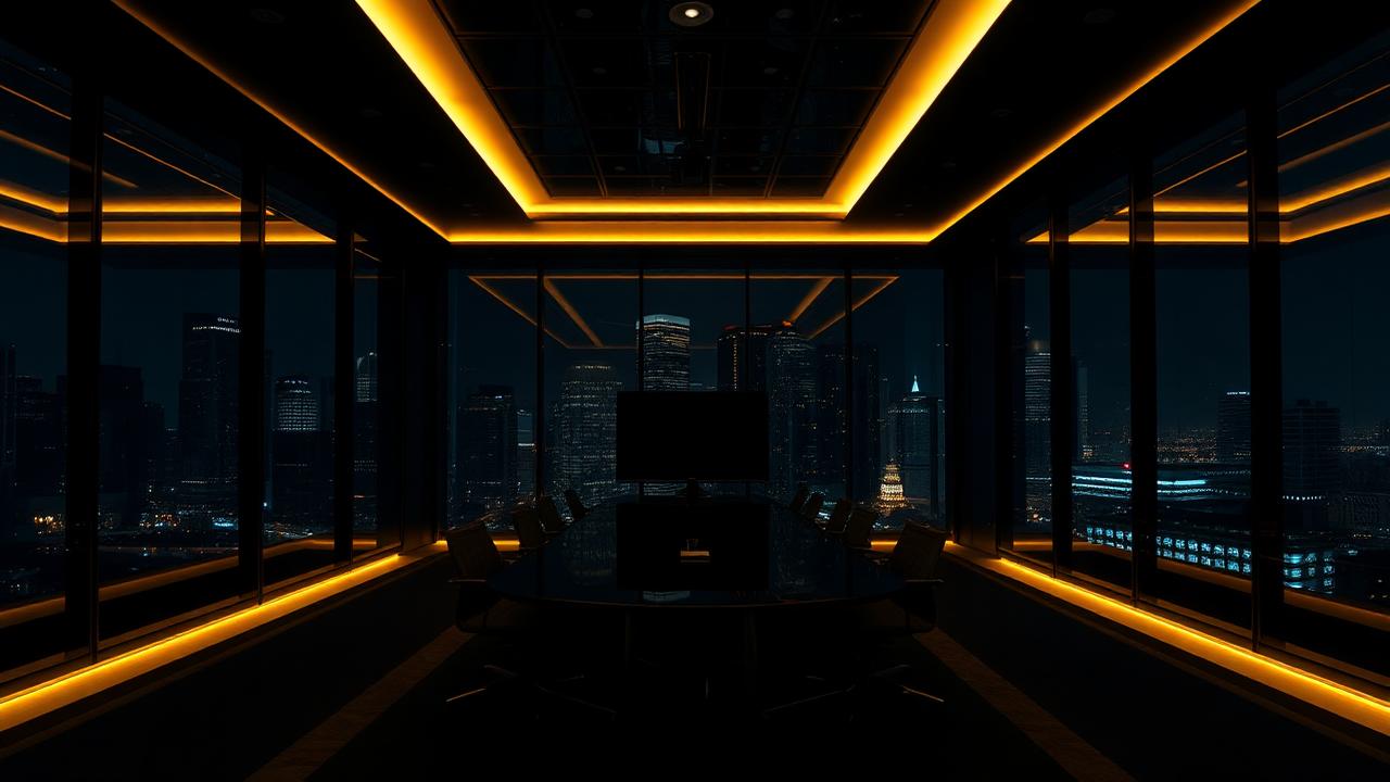Dark modern boardroom at night with gold lighting