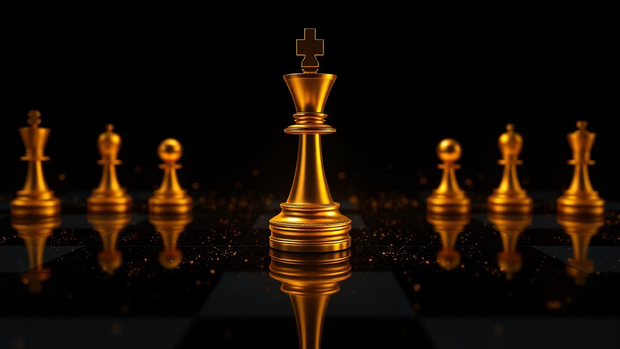 Golden chess king on a dark reflective board