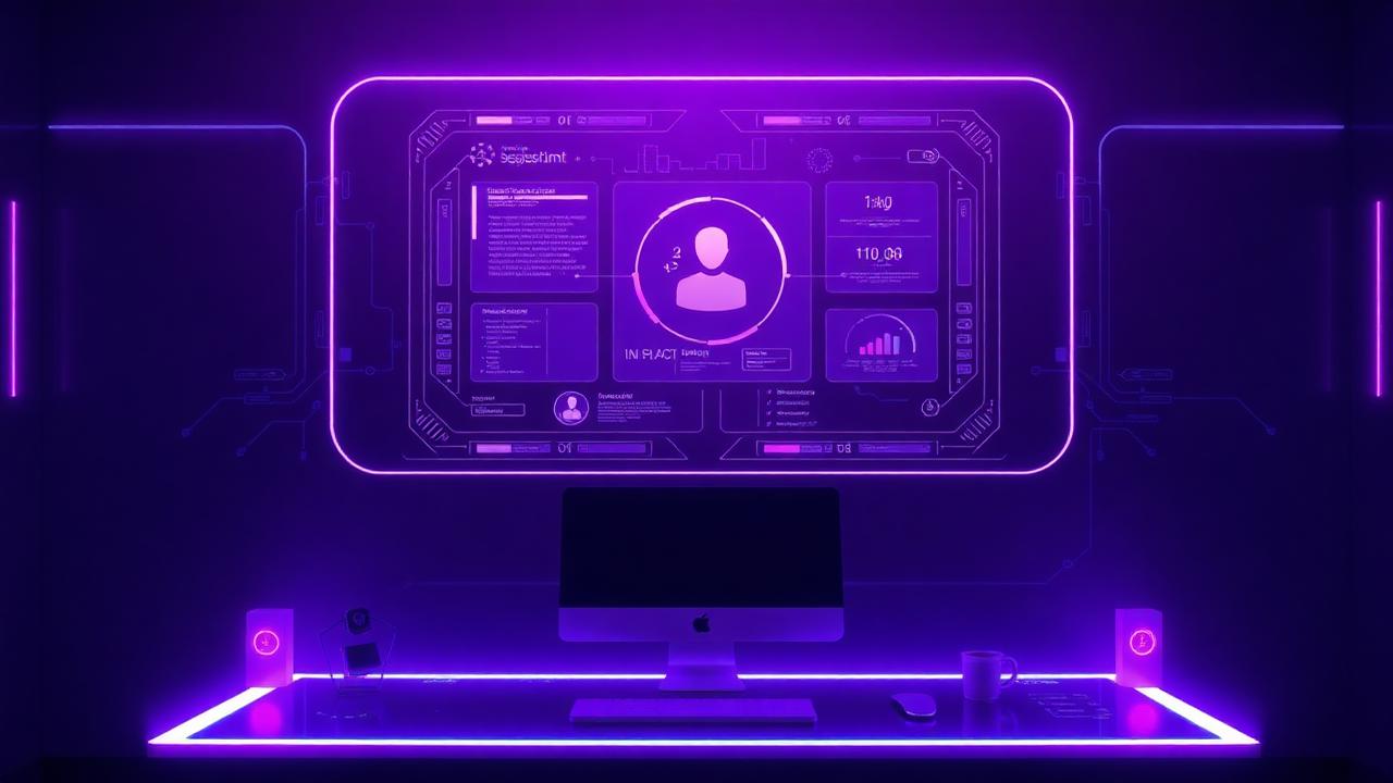 Purple futuristic AI interface hovering above a desk