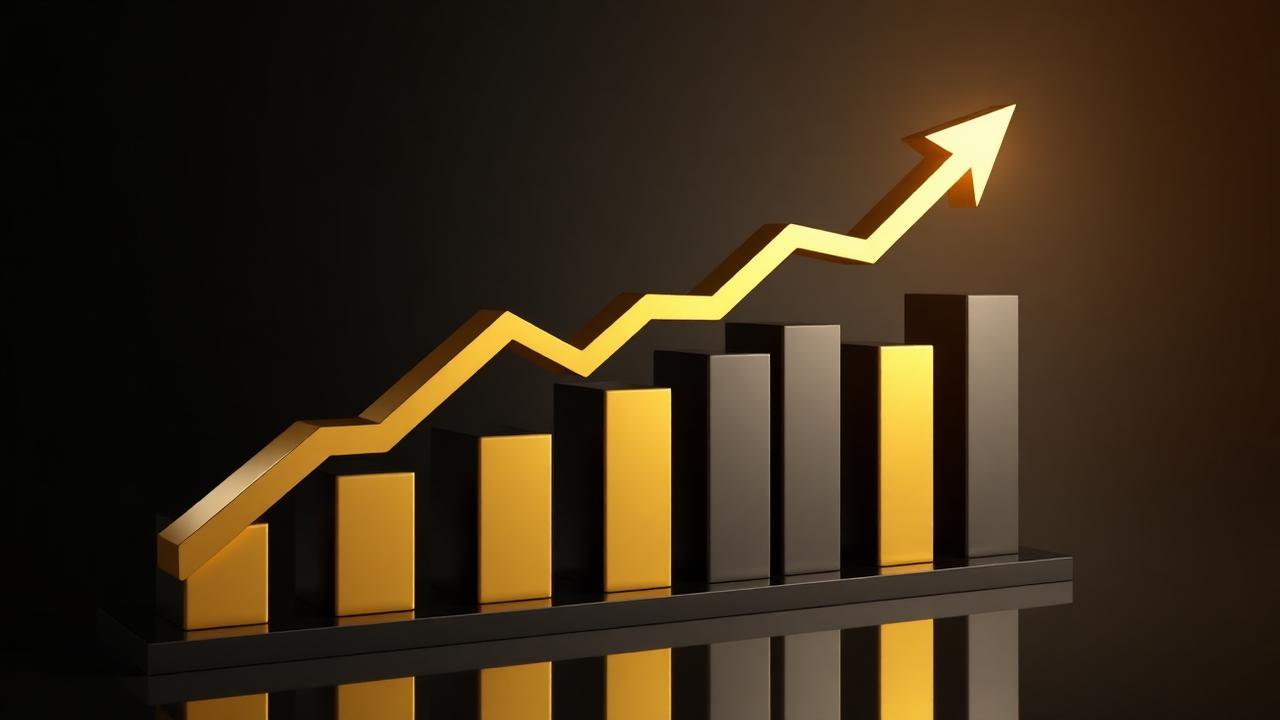 Golden rising arrow over dark bar chart