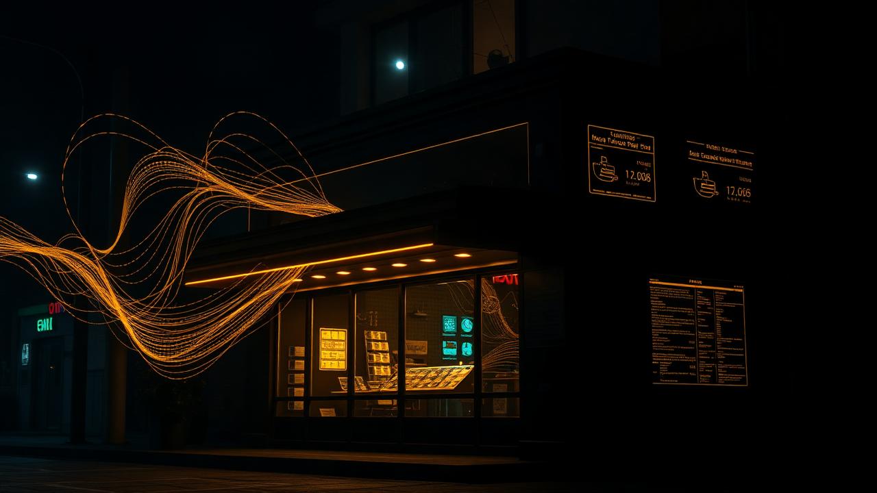 Small storefront at night with gold data streams