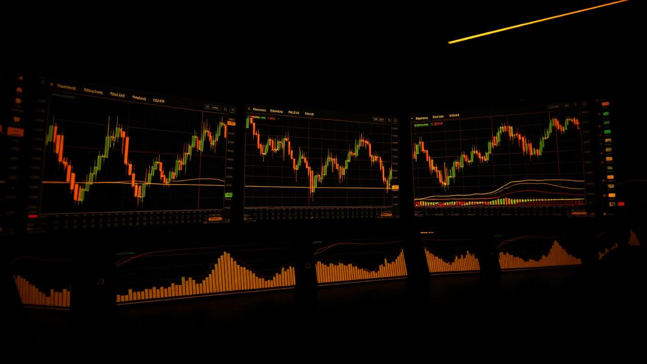 Dark trading terminal displaying candlestick charts