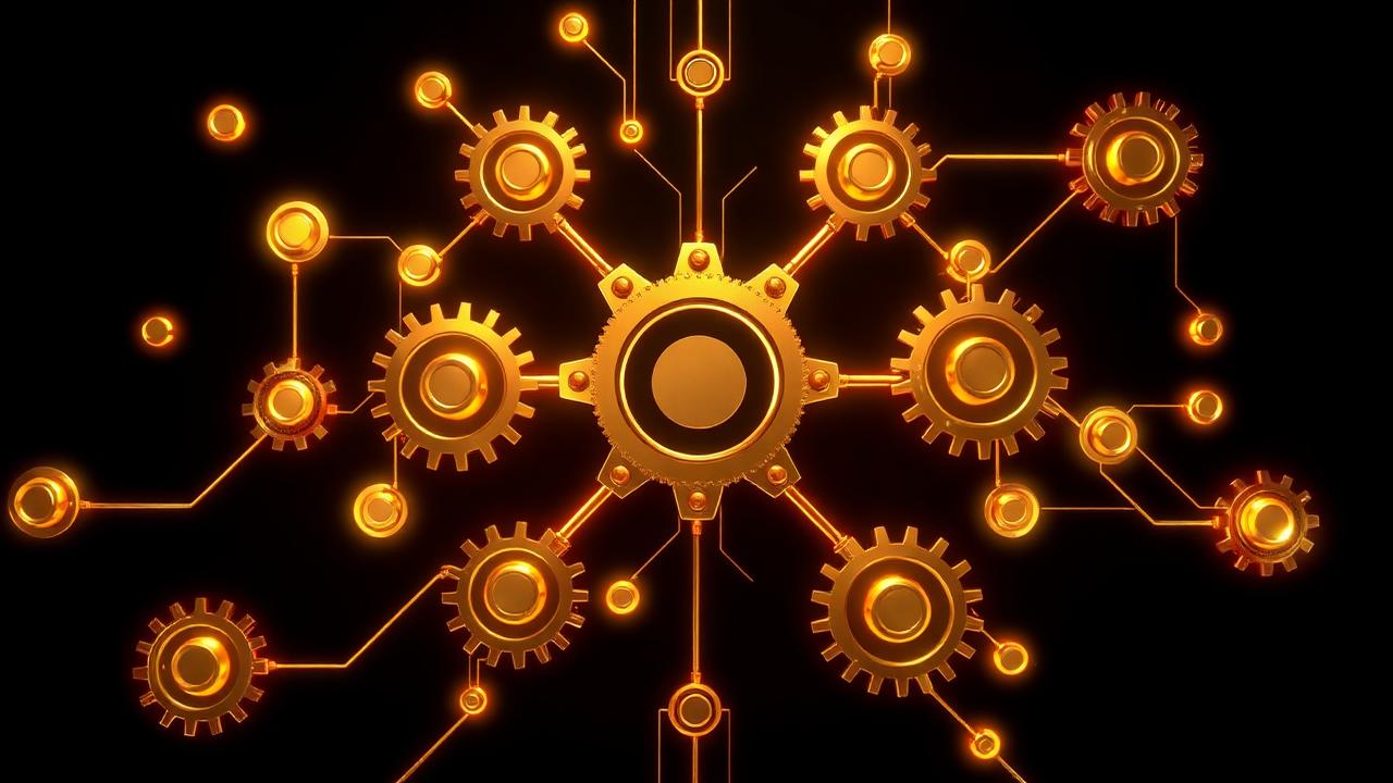 Golden interconnected gears on black