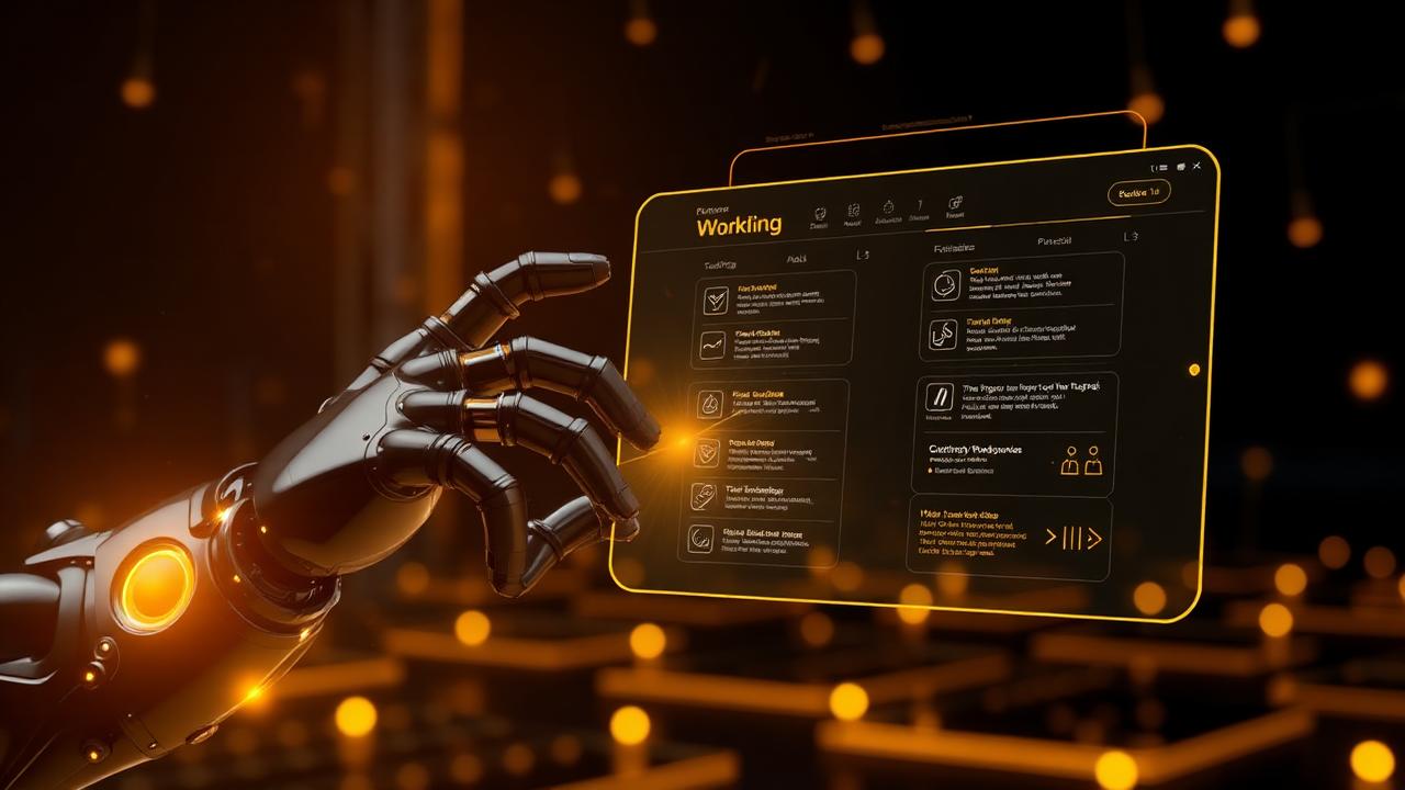 Robotic hand touching a glowing workflow panel